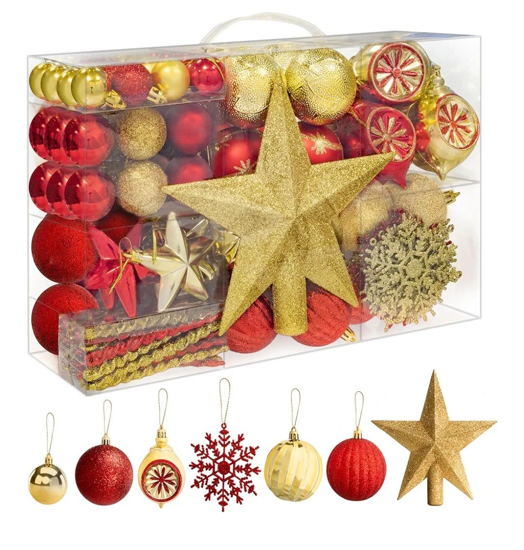 SA Products 108 Pieces Christmas Tree Baubles Set - Assorted Gold &amp; Red Decorations - Shatterproof Hanging Ornaments for Xmas Trees, Wreath, Garland - Balls, Stars, Snowflakes, Icicles Decor