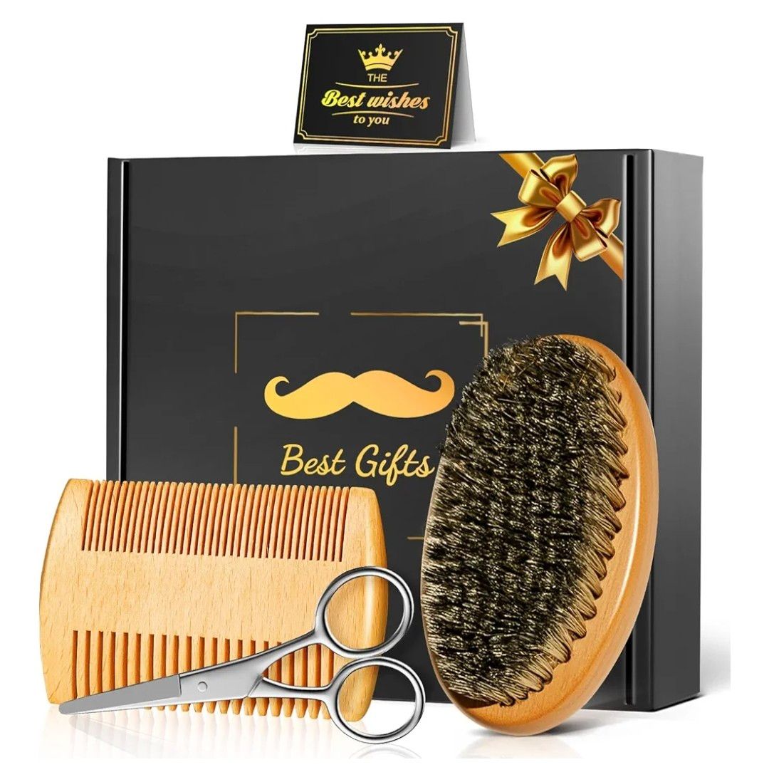 Stocking Fillers for Men, Christmas Gifts for Men Him, Birthday Gifts for Mens Dad Husband Boyfriend, Linkax Beard Brush Grooming Kit with Brush Comb Scissors, Grandad Daddy Step Dad Xmas Presents