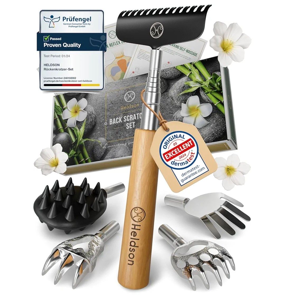 HELDSON® Extendable Back Scratcher [5 Scratching Heads] - Bear Claw Scratchers with Wooden Handle - Telescopic Backscratchers for Adults - Scalp Tickler Massage Tool - Gifts for Men, Women &amp; Kids