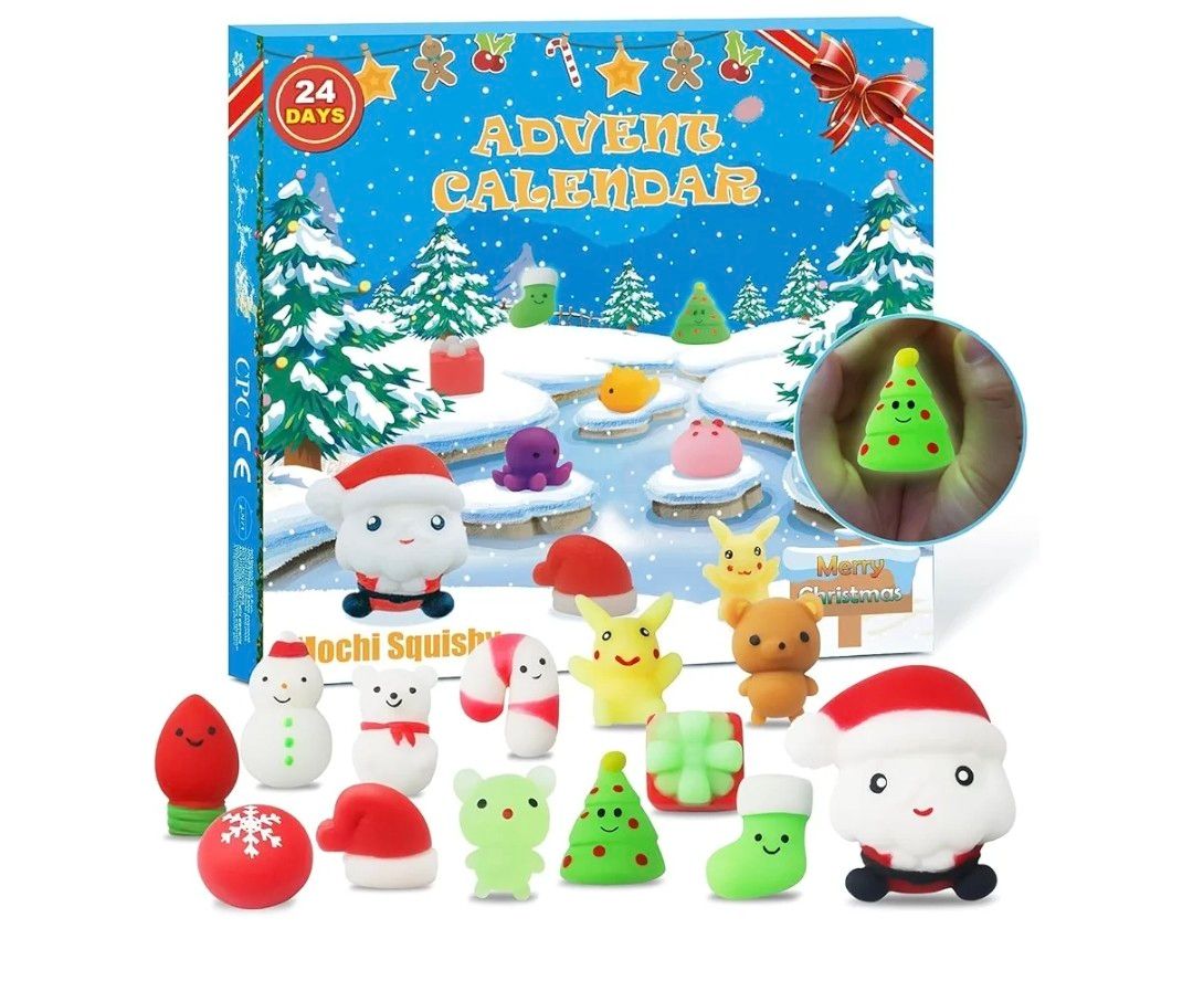 Mochi Squishy Advent Calendar 2025 Kids Kawaii Luminous Mochi 24-Day Holiday Countdown Christmas Ornaments Christmas Surprises Xmas Holiday Party Relief Stress Reusable Gifts for Boys Girls Teenagers