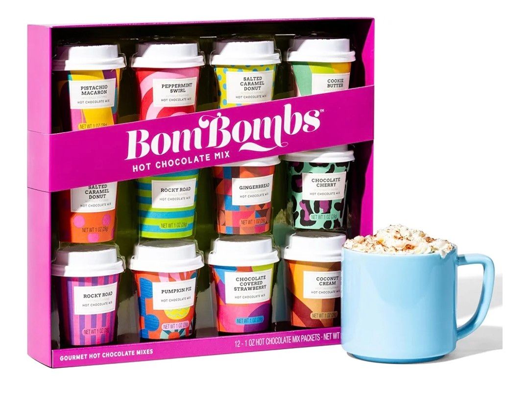 BomBombs, Hot Chocolate Mix Gift Set with Mini Cup Packaging, Dessert Flavours Include Rocky Road, Cookies Butter, Pumpkin Pie &amp; More, Set of 12