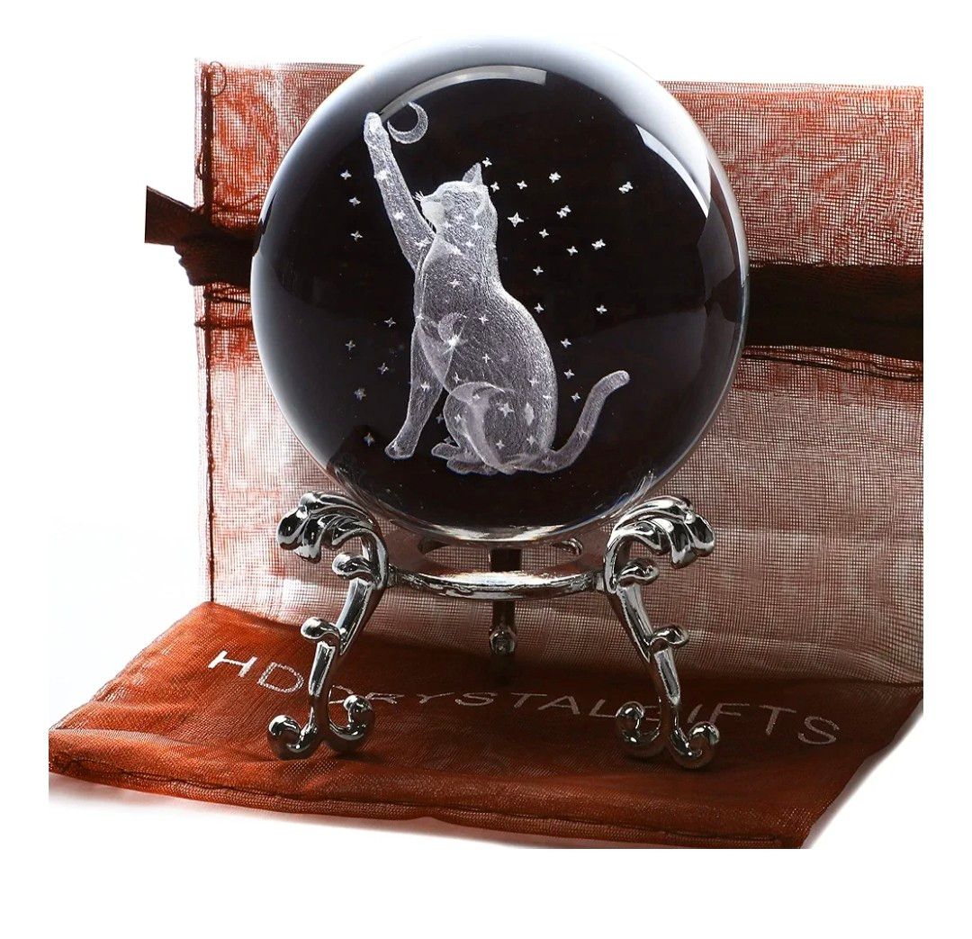 60mm 3D Cat Crystal Ball Figurine Glass Laser Engraved Cat Moon Star Crystal Ball with Stand Glass Sphere Paperweights Cat Gifts for Cat Lovers Women