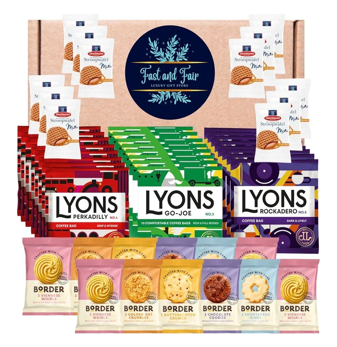 Lyons Coffee Gift Set - Hamper Selection of British Coffee Bags Bundled with Luxury Individually Wrapped Border Biscuits and Indulgent Caramel Stroopwafels | 48 Items in Bespoke Gift Box