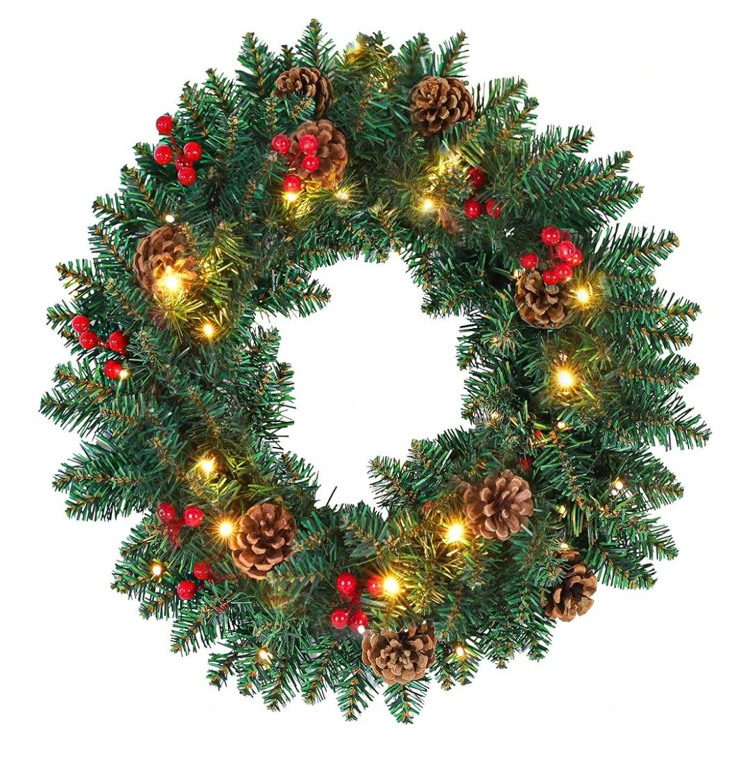 KLASS Christmas Wreath for front door 18inch/45cm with Warm LED Lights Pine Cones &amp; Berries, Ideal Xmas Wreath For Christmas Decorations &amp; Indoor/Outdoor Christmas Door Decorations