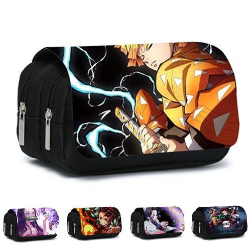 (E) Demon Slayer Kids Double Layers Pencil Case Large Capacity School Students Pens Storage Pouch Stationery Organizer Bag Holder with Zipper