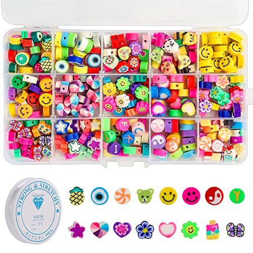 300pcs Fruit Clay Beads for Jewelry Making Smiley Face Beads10mm Cute Flower Beads Bracelet Making Kit Polymer Clay Beads Set for Necklace Bracelet