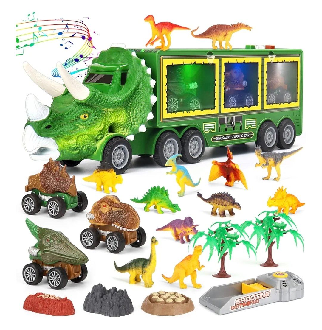 Aoskie Dinosaur Toys for Kids 3-7, Transporter Truck with Roar Sound &amp; Lights, 3 Pull Back Cars, 12 Dinosaurs (23Pcs)