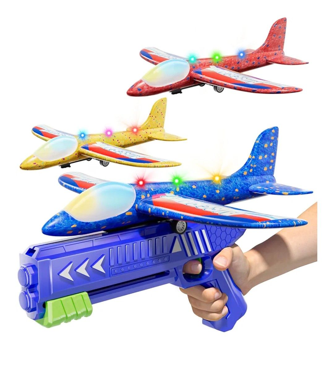 Doloowee 3 Pack Airplane Launcher Toys, 12.6 Inch LED Foam Glider Airplane Catapult, 2 Flight Modes, Outdoor Sports Flying Toys 4 5 6 7 8 9 10 11 12 Years Old Boys Girls Birthday Gifts (Blue)