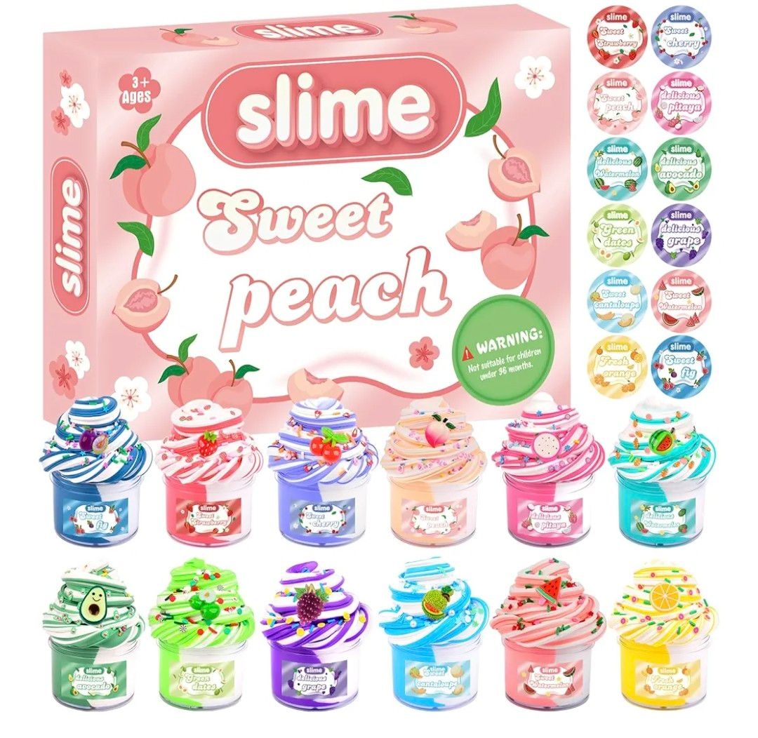 12 Packs Mini Fruit Butter Slime, Cute Peach Colourful Box, 12 Fun Slime Charms, Pre-Made Slime for Kids, Great 6 Year Old Toy, Kids Educational Stress Relief Toy, Party Favour, Birthday Gift