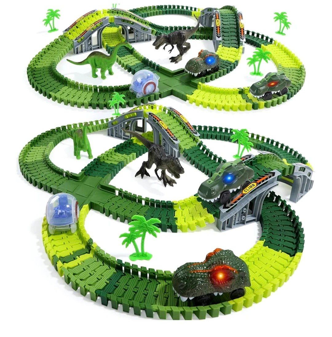 EagleStone Dinosaur Race Track Set for Kids – 233 PCS Flexible Race Tracks,2 Electric Dino Cars with Light, 2 Dino Figures,Christmas Birthday Gift for 3-8 Year Old Boys and Girls