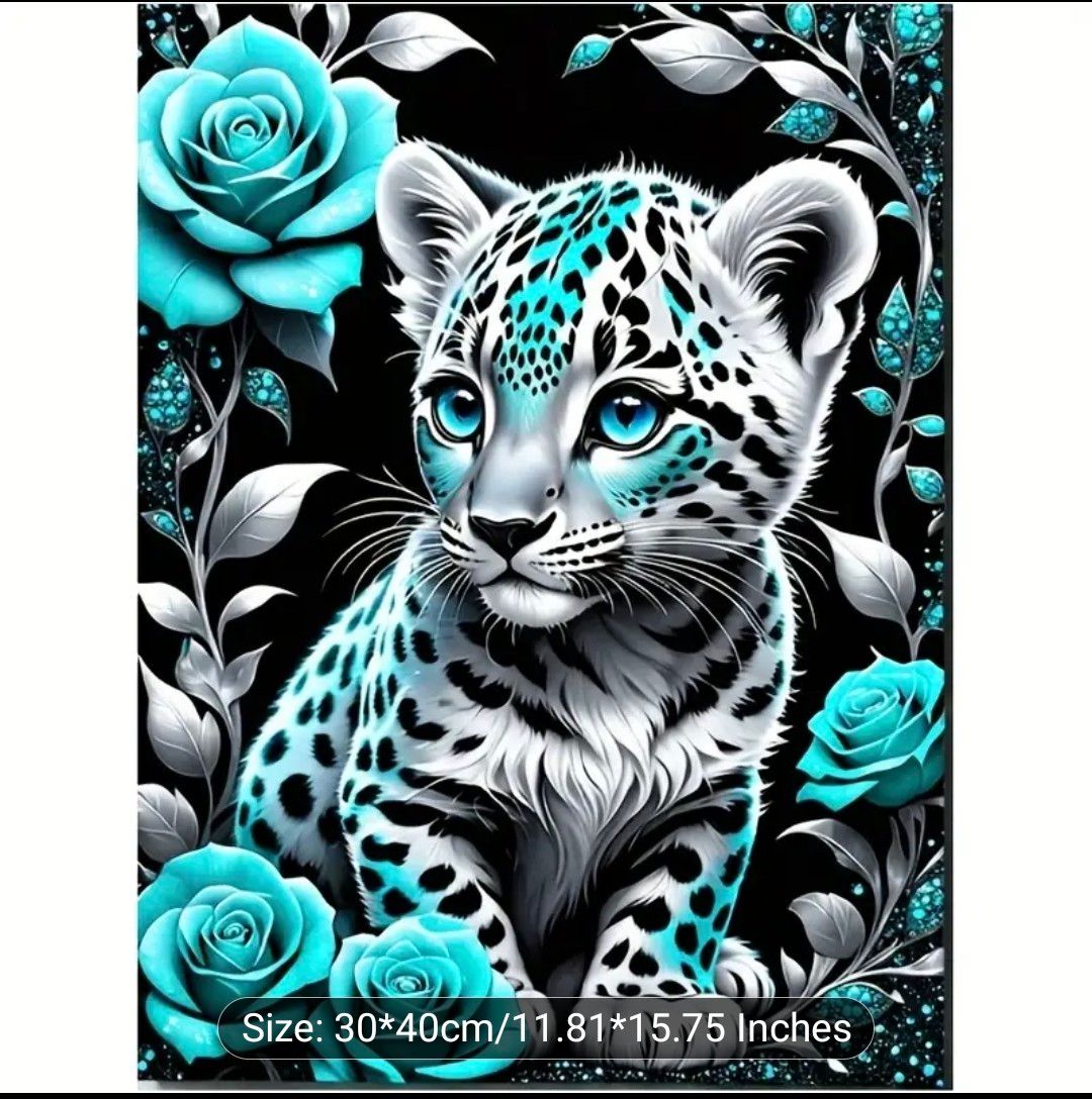 One set of 5D self-made cute leopard image, with clear blue eyes diamond painting kit for cubs, round diamond art, suitable for adult relaxation and handicrafts, animal-themed wall decorations and des