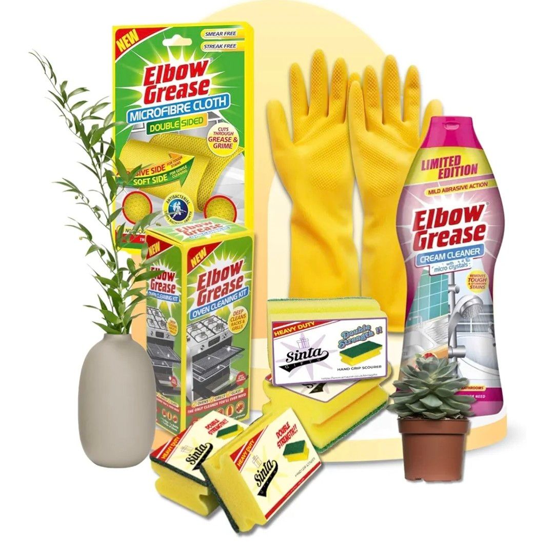 KITCHEN OVEN CLEANER BUNDLE (DELUXE) | Elbow Grease Oven Cleaning Kit 500ml, Cream Cleaner Pink 540g, Microfibre Cloth 1Pk, Handgrip Scourer 4Pk &amp; Gloves (M) 1Pk