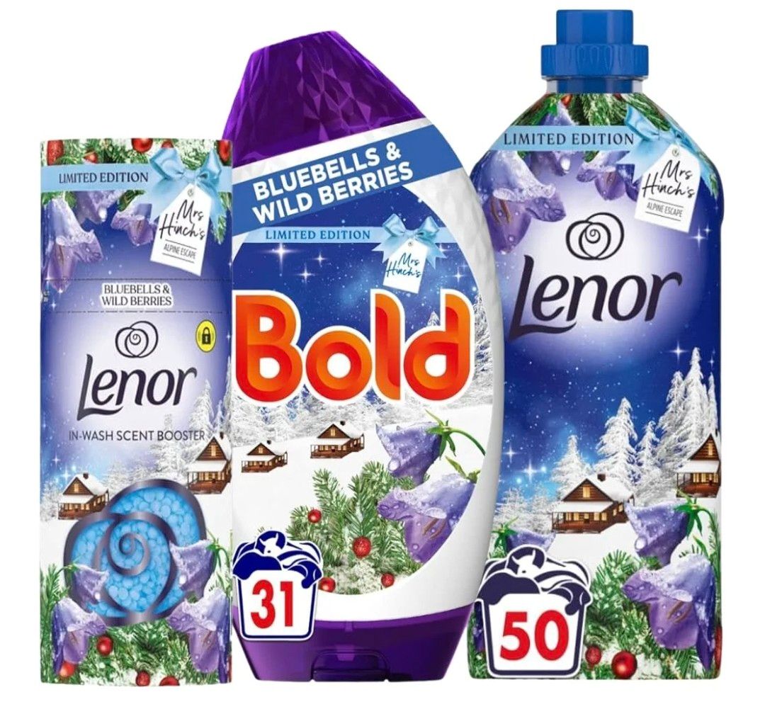 Mrs Hinch Bluebells &amp; Wild Berries Laundry Bundle, 3-Piece Set, Fabric Conditioner 50 Wash, Stain Remover 31 Wash, Scent Booster 155g