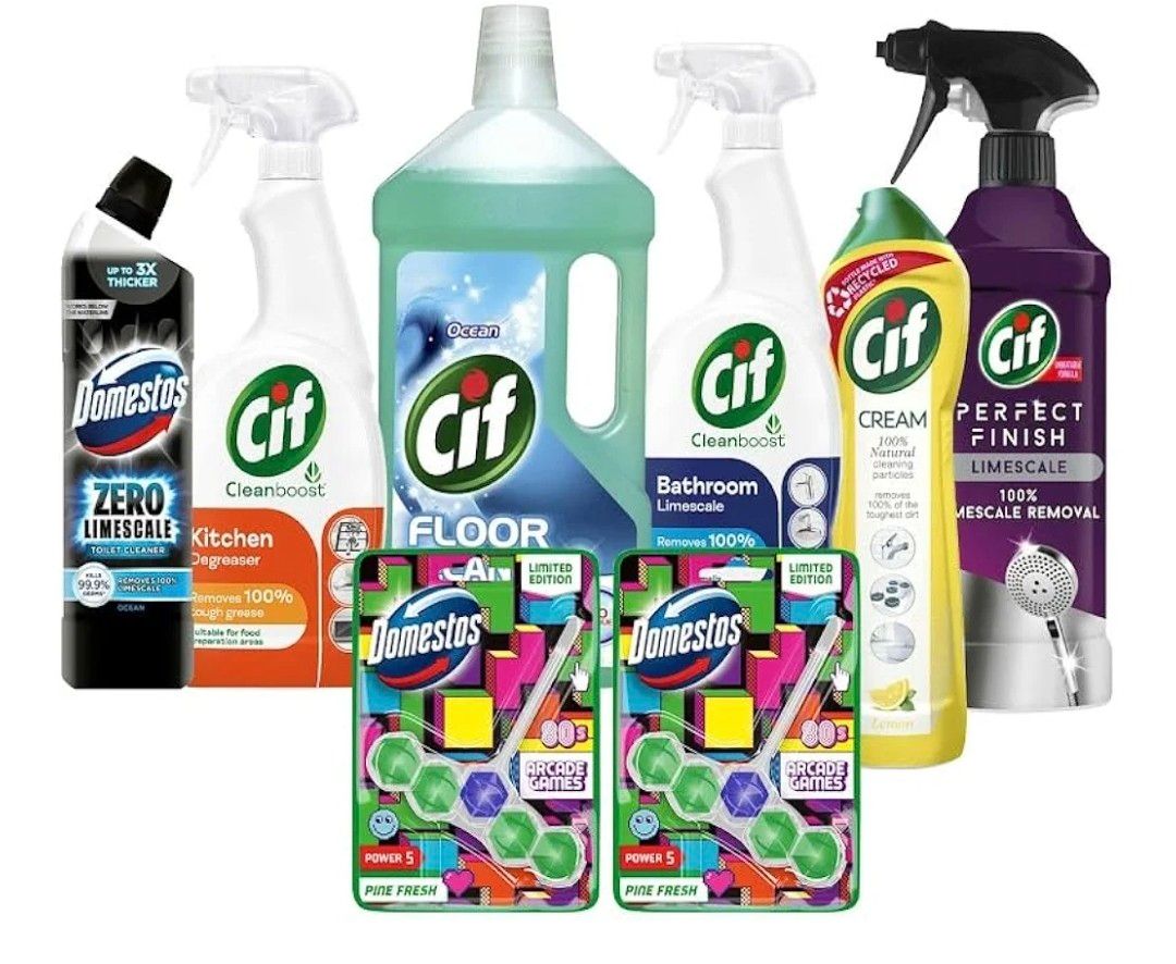 Cif &amp; Domestos Cleaning Essentials Kit - Includes Cif Original Cream Cleaner, Ocean Floor Cleaner, Power &amp; Shine Bathroom &amp; Kitchen Sprays, Limescale Spray, Domestos Toilet Cleaner &amp; Rim