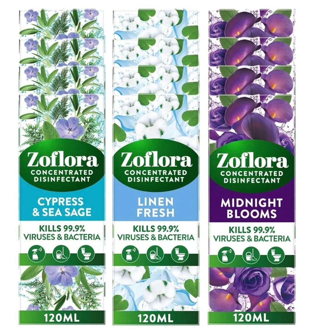 Zoflora Disinfectant Concentrates Cleaning Bundle, 12 x 120 ml (1.4 L) Multipurpose Disinfectant Liquid, Antibacterial &amp; Multi-Surface, Pet Safe Disinfectant, Kills 99.9% Of Bacteria &amp; Viruses