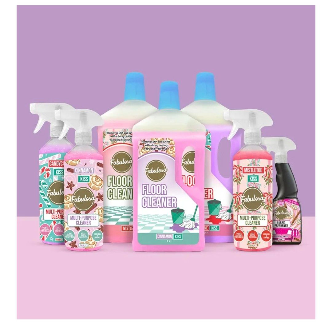 Fabulosa Christmas Cleaning Bundle 7 Piece Kiss-mas Set Candy Cane, Mistletoe &amp; Cinnamon Floor &amp; Multi-Purpose Cleaners with Cinnamon Swirl Room &amp; Fabric Spray Festive Fragrance Cleaning Kit