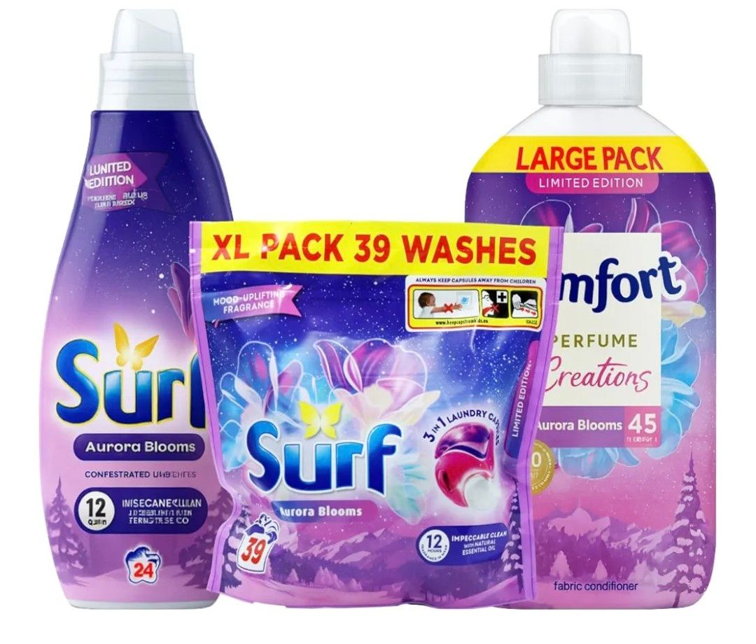 Aurora Blooms Laundry 3 Peice Bundle Set, Comfort Creations 45 Washes, Surf Liquid 24 Washes, Surf 3-in-1 Capsules 39 Pack, Limited Edition, Fresh Floral Fragrance