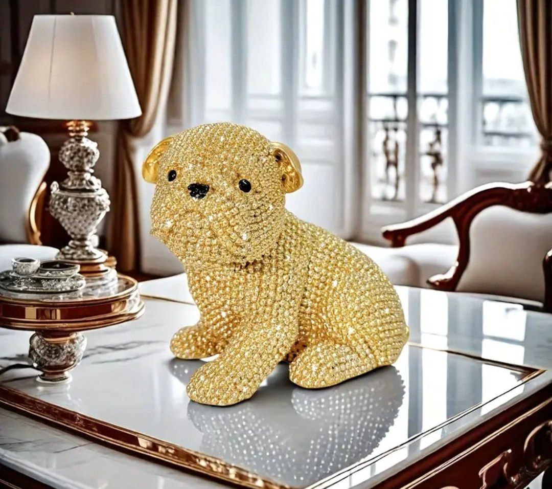 Golden Beaded Sitting Bulldog Statue - Hand-Painted-Like Bead Texture, Expressive Eyes &amp; Snout, Durable Resin Figurine for Home Decor, Ideal Gift for Dog Lovers, Beaded Statue, Dog Ornaments For Home