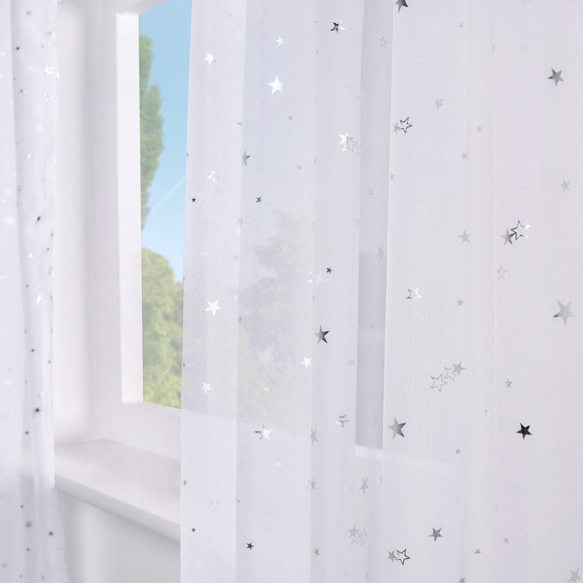 Metallic Star Print Slot Top Voile Curtains (Pair