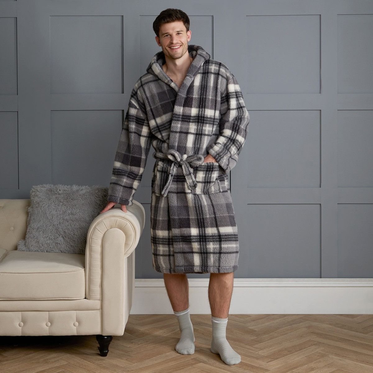 Tartan Check Print Teddy Dressing Gown, Adults -