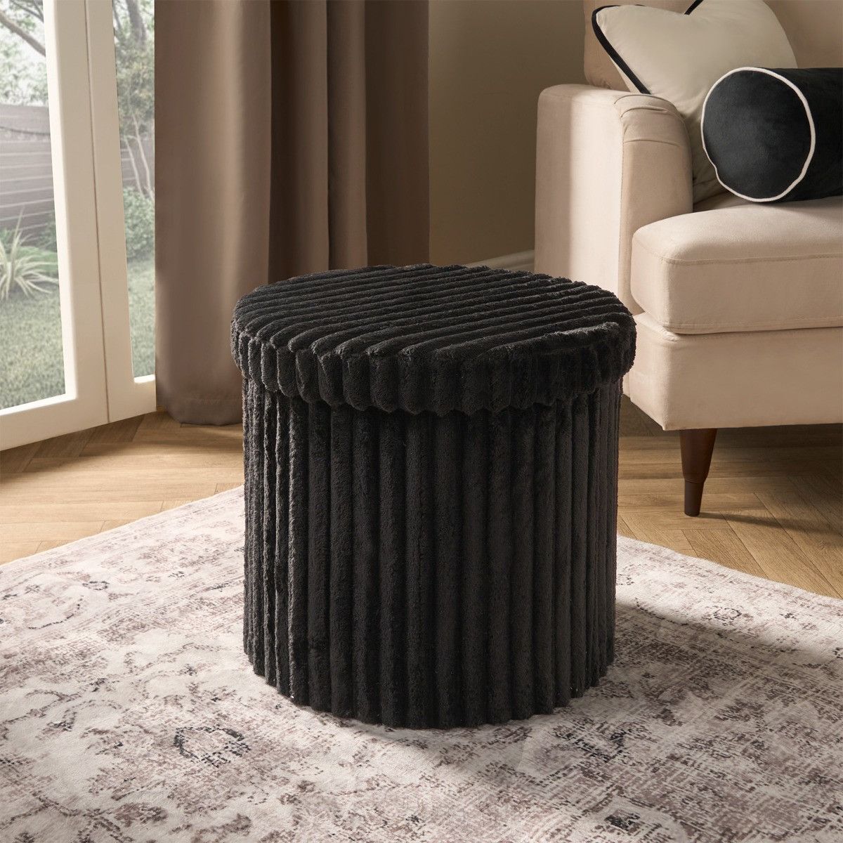 Ribbed Foldable Round Storage Ottoman
