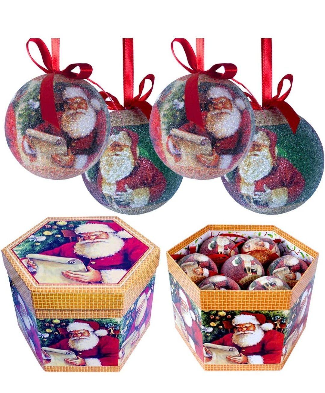 The Christmas Workshop Set of 14 Christmas Baubles/Various Festive Designs/Gift Boxed Christmas Tree Decorations / 7.5cm Diameter Baubles (Red &amp; Green Classic Santa)