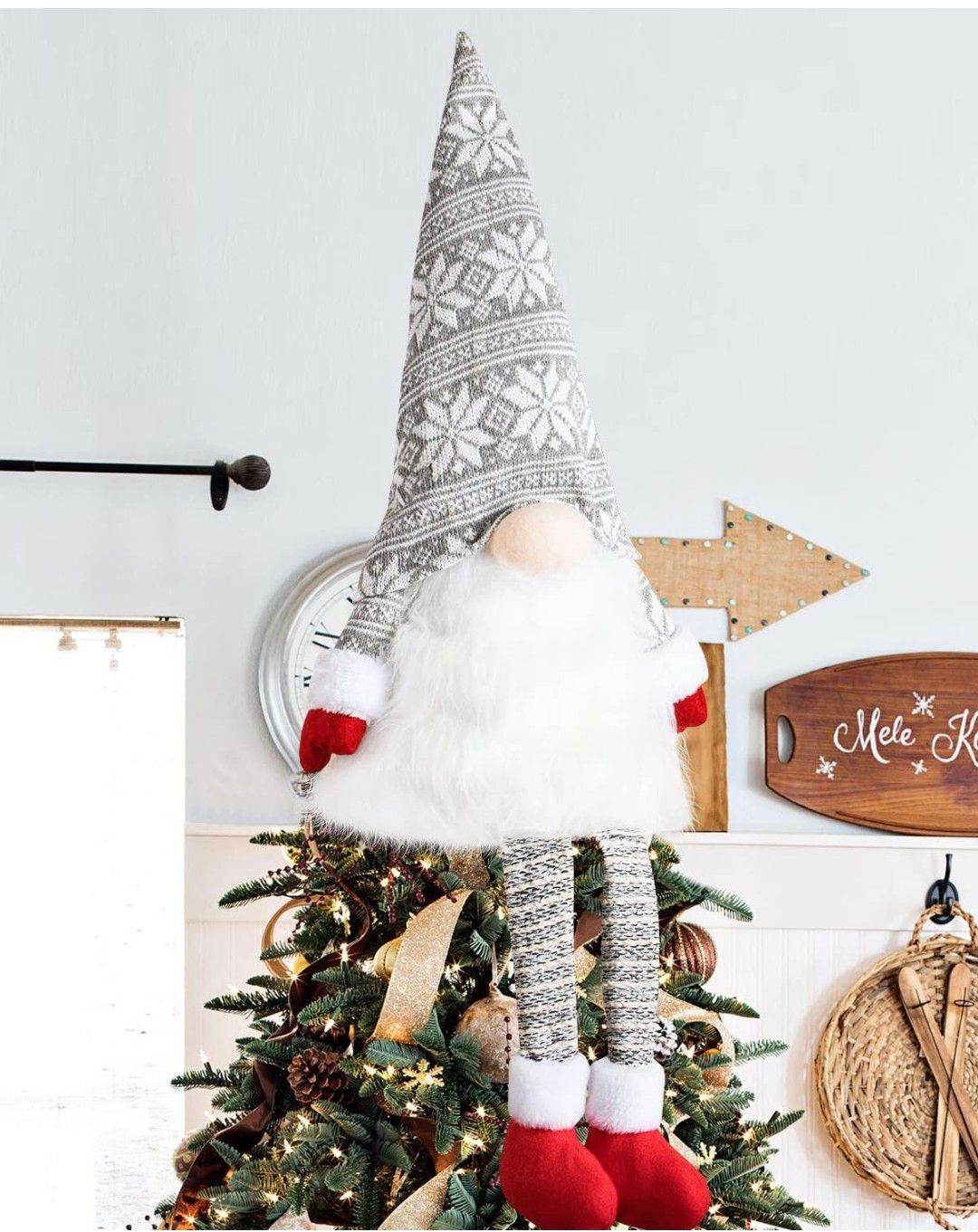 Lanpn Christmas Tree Topper Large Tomte Gnome Santa Ornaments 23 Inch, Plush Gnome with High Hat and Legs for Xmas Tree Home Fireplace Table Ornaments Decorations