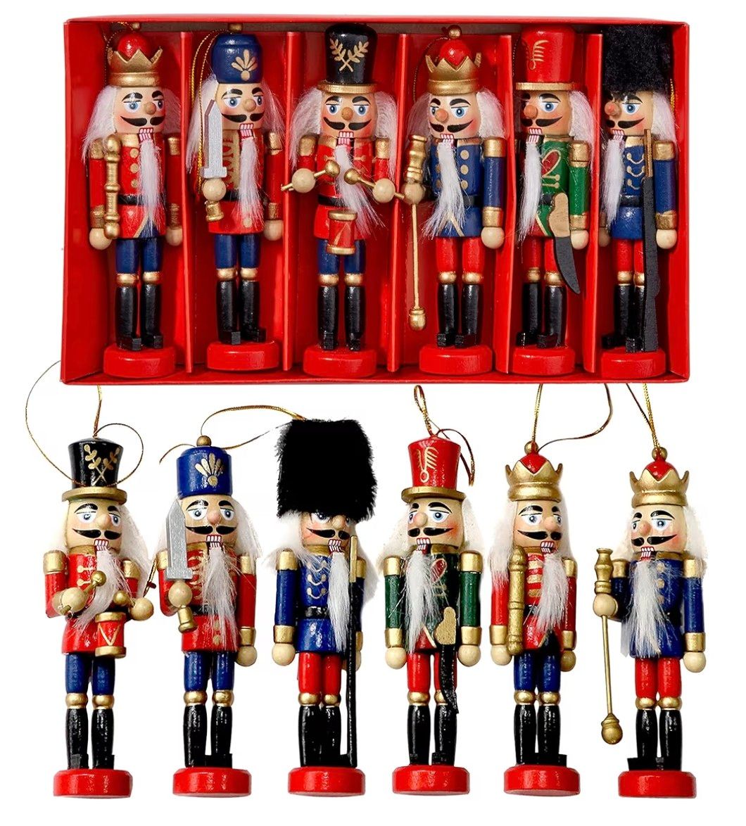 THE TWIDDLERS 6 Wooden Chrismas Nutcracker Soldier Ornaments, 13cm / 5" - Tree Hanging Nutcracker Christmas Decorations in Festive Xmas Designs, Mini Christmas Tree Decorations