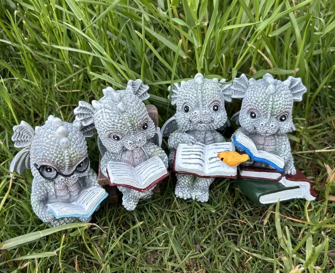 4PS New Set Reading Dragon Courtyard Decoration Ornaments Study Dragon Statue Garden Resin Ornament