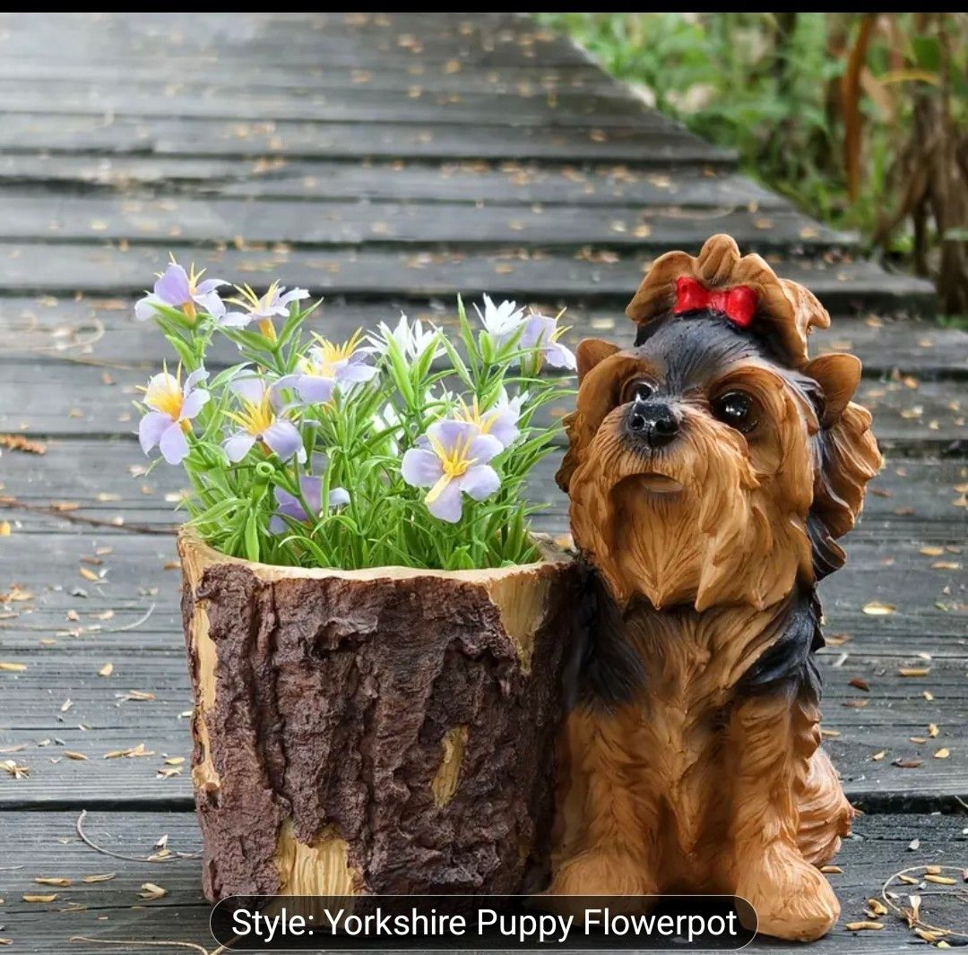 Garden Flower Pot, Yorkshire Puppy Flower Pot, Puppy Statues, Suitable for Gardens Lawns Paths Windowsills, Planting Succulent Flowers and Plants, Lawn Decoration, Holiday Gifts for Christmas Hallowee