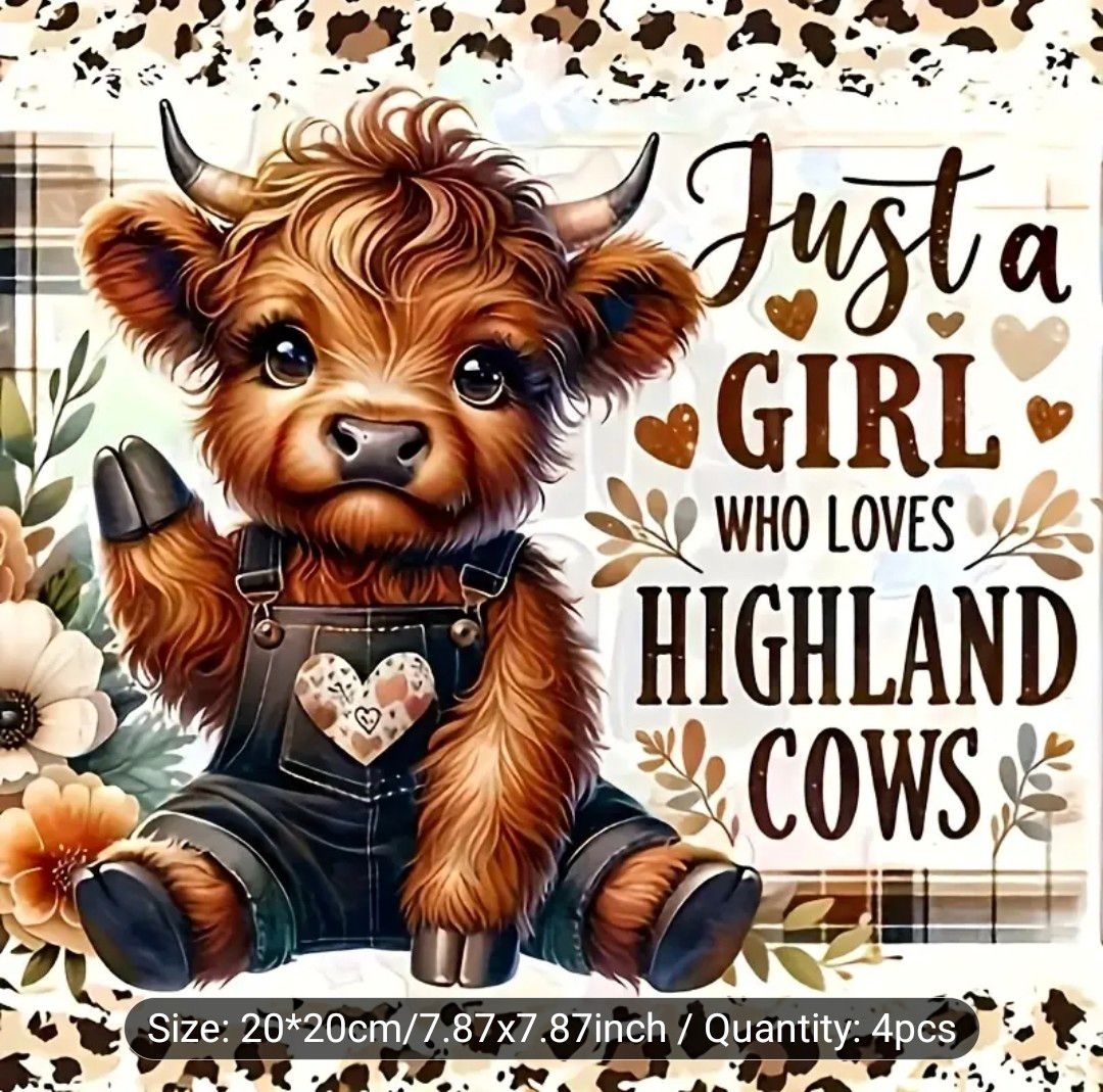 4pcs Highland Cow Diamond Painting Kit, 5D Full Drill DIY Wall Art, Round Resin Synthetic Gemstone, Frameless Home Decor Craft Set - Ideal Valentine's Day Gift, Cow Decoration