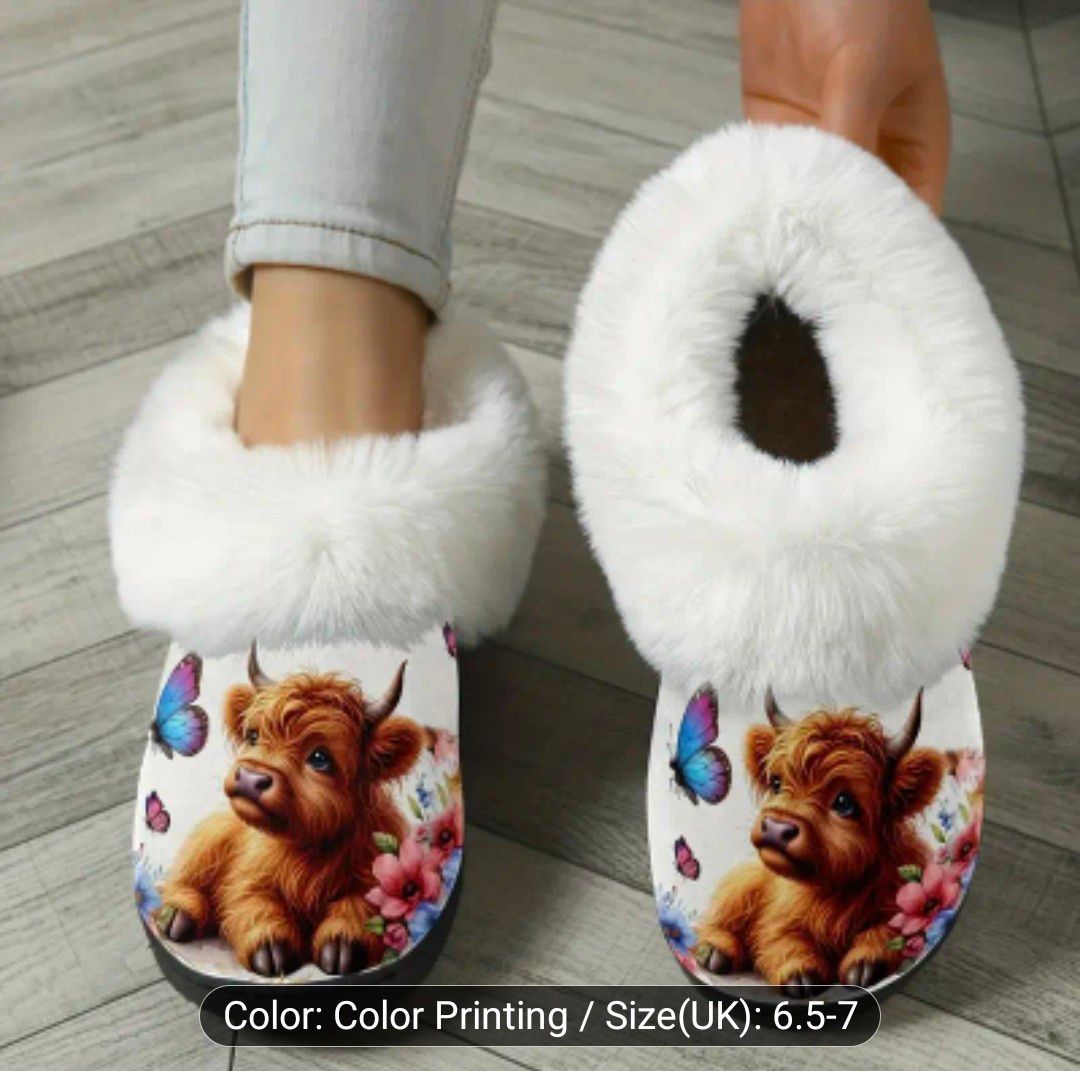Women&#39;S Highland Cow Print Winter Slippers - Plush Fleece-Lined Slip-On Indoor House Shoes with Cute Brown Cow &amp; Floral Design, Soft Fabric Upper &amp; TPR Sole, Cow Slippers, Indoor Footwear, Playful Des
