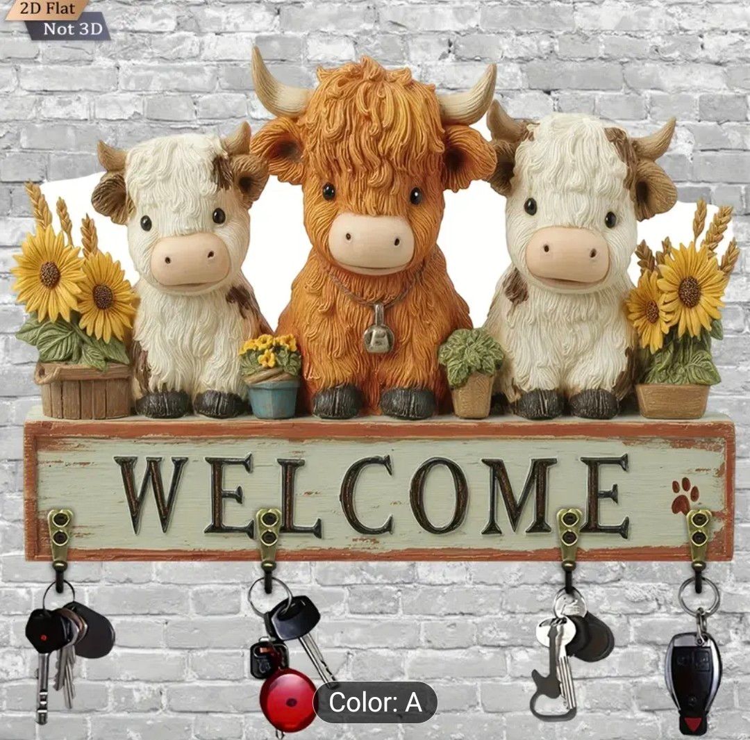 Cow-Shaped Welcome Key Holder Wall-Mounted - Entryway Organizer with 4 Metal Hooks, Rustic Farmhouse Decor for Porch, Room, House - Scottish Highland Cow Design (Compatible with Keys, Mail, Tags) - St