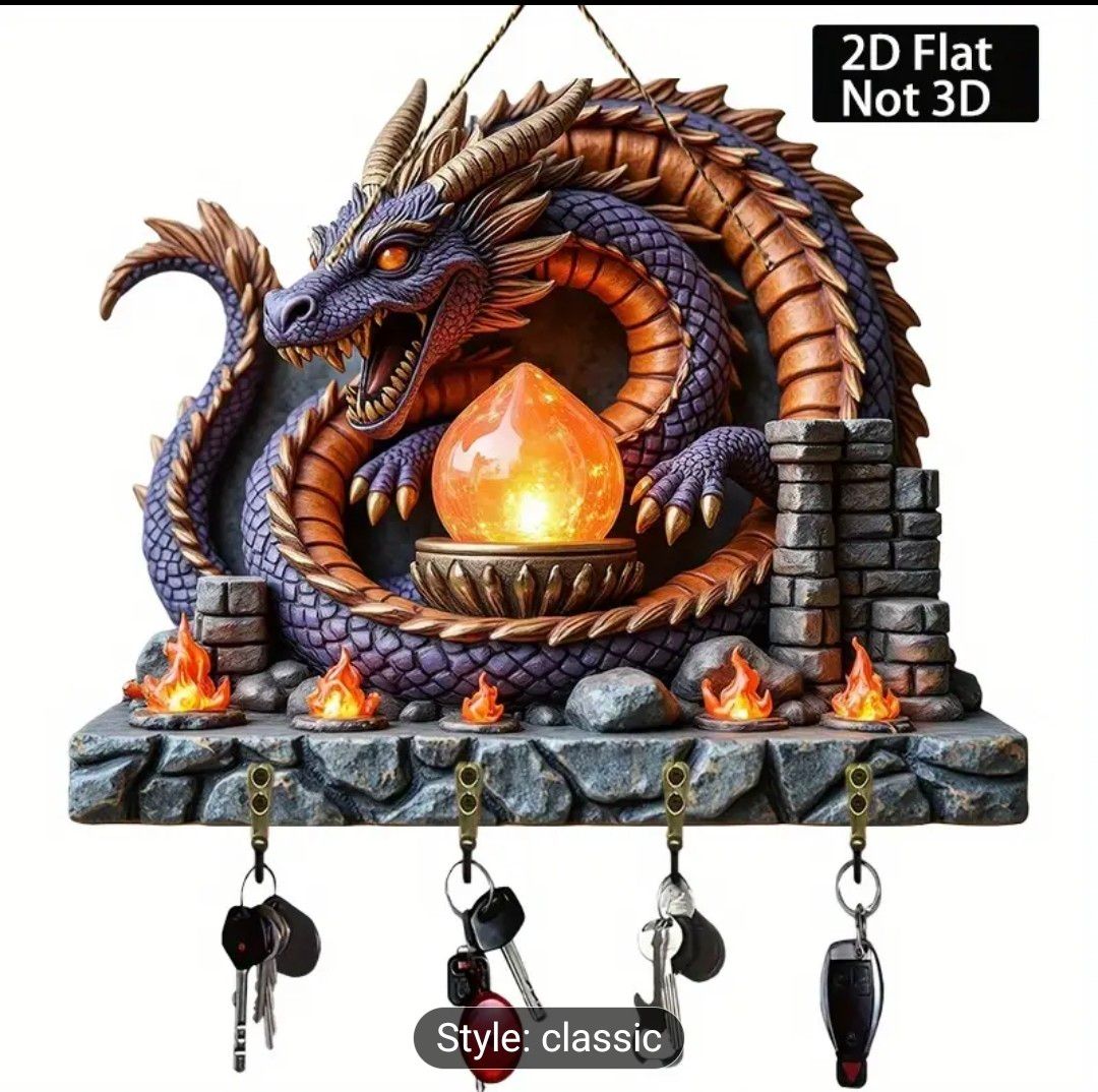2D Flat, A Dragon Winding Around a Flame Ball, with Four Metal Hooks Below. Exquisite Home Key Holder, Wall Decoration, Porch Decoration, Room Decoration, Villa Decoration, Multi-Functional Home Decor