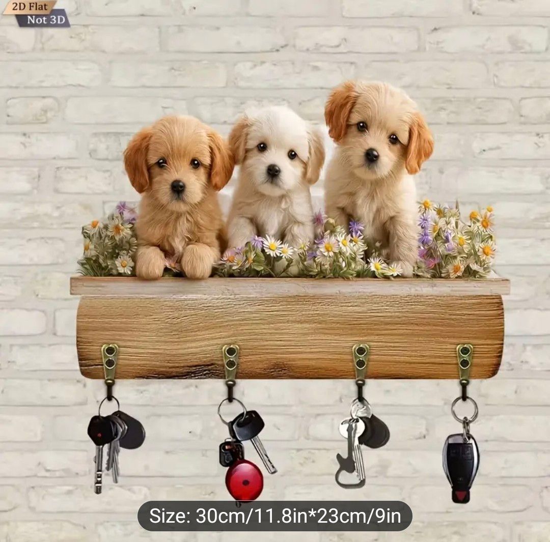 2D Flat, Cute Dog Garden Wooden Multi-Functional Home Key Hanger with Four Metal Hooks, Wall Decor, Porch Decor, Room Decor, Villa Decor, Four Seasons Home Decor 11, 20.32cm x 84