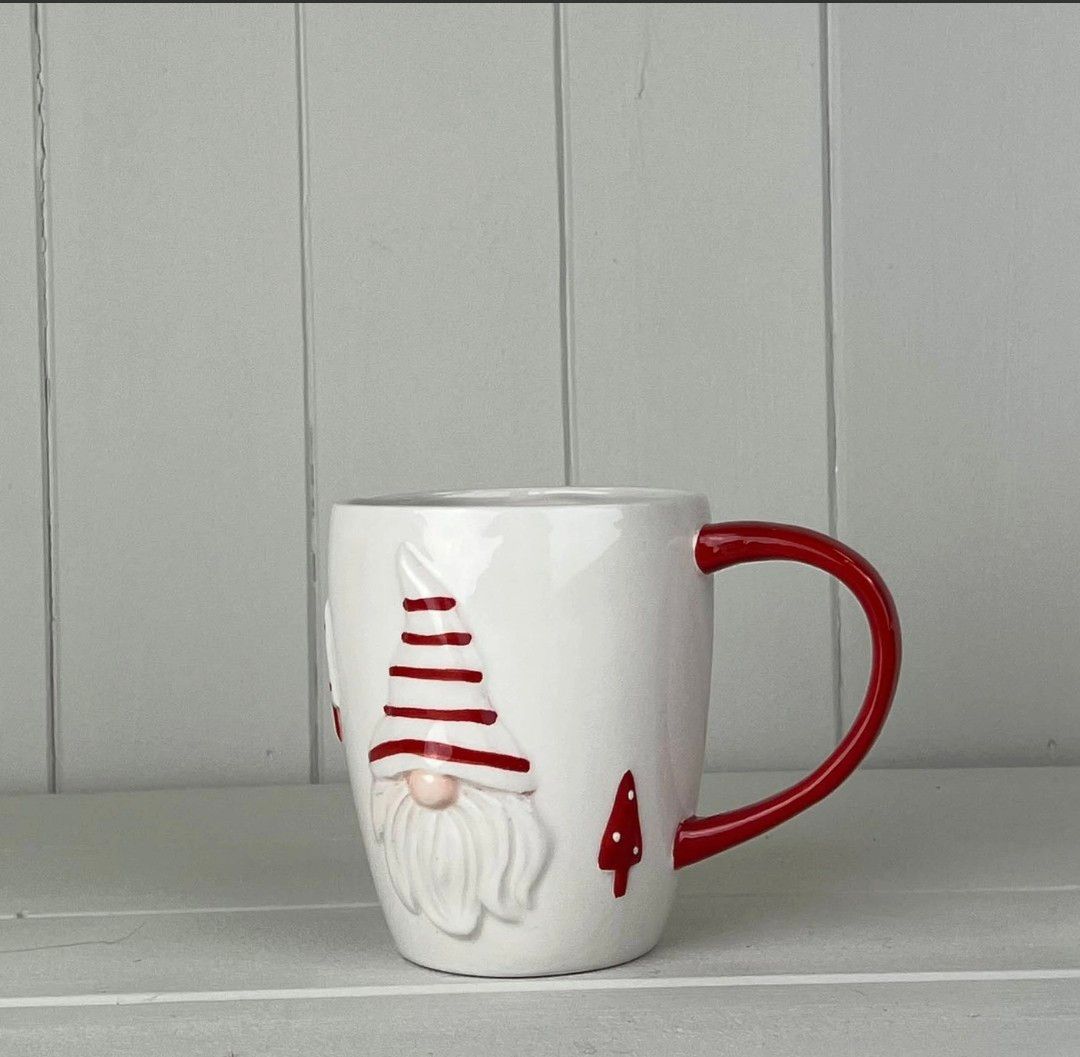 White Ceramic Gonk Mug with Red Handle and Detail