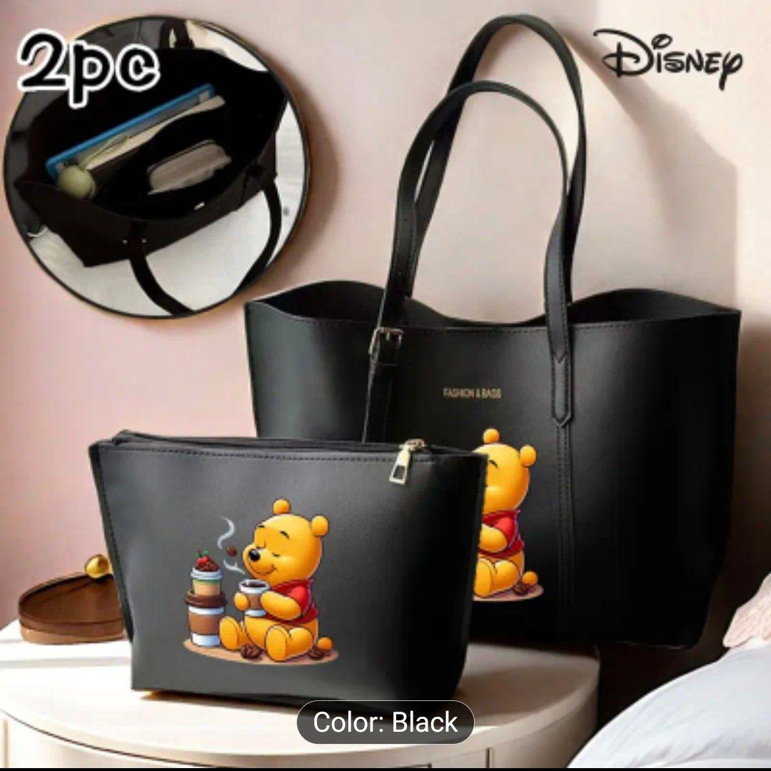 2pcs Women's Large Capacity Shoulder Bags, Vintage Handbags with Adorable Pooh Bear Design, Black Commuter Shopping Bags, Gift Handbags for Mother's Day, Everyday Handbag | Playful Graphic Tote | Bag,