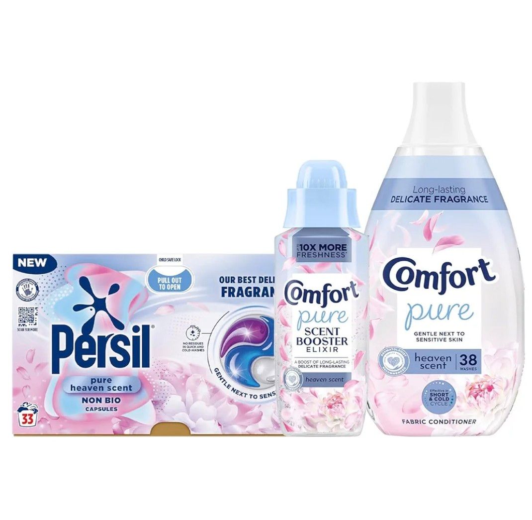 Pure Heaven Scent Laundry Care Bundle – Fabric Conditioner (38 Wash), Scent Booster Elixir (342ml), Persil Capsules(33 Wash), Long-Lasting Fragrance, Gentle &amp; Fresh Laundry Care