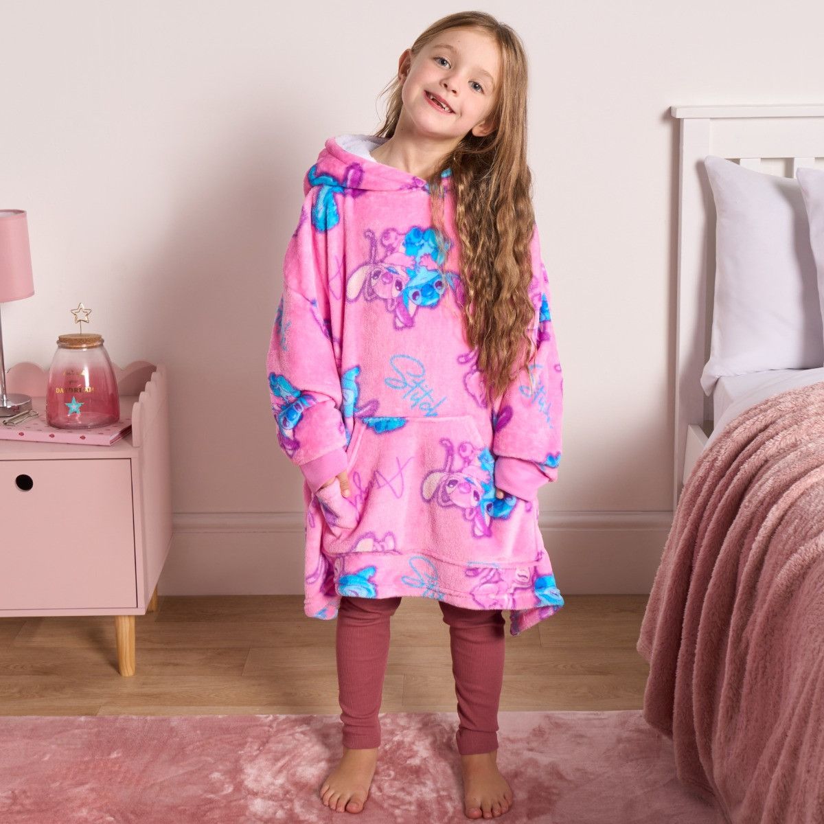 Kids Stitch &amp; Angel Novelty Sherpa Hoodie Blanket - Pink