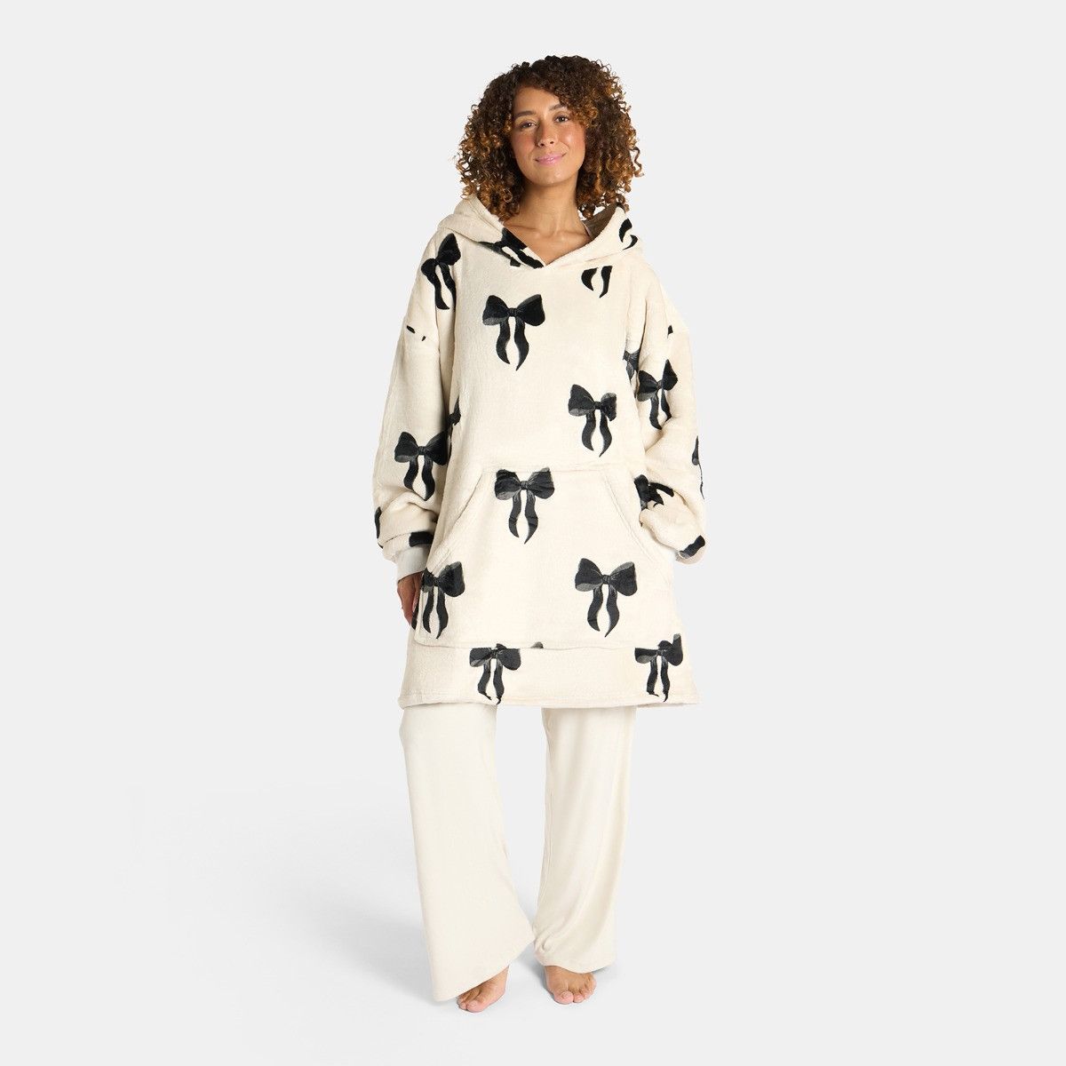 Adults Bow Print Hoodie Blanket - Monochrome