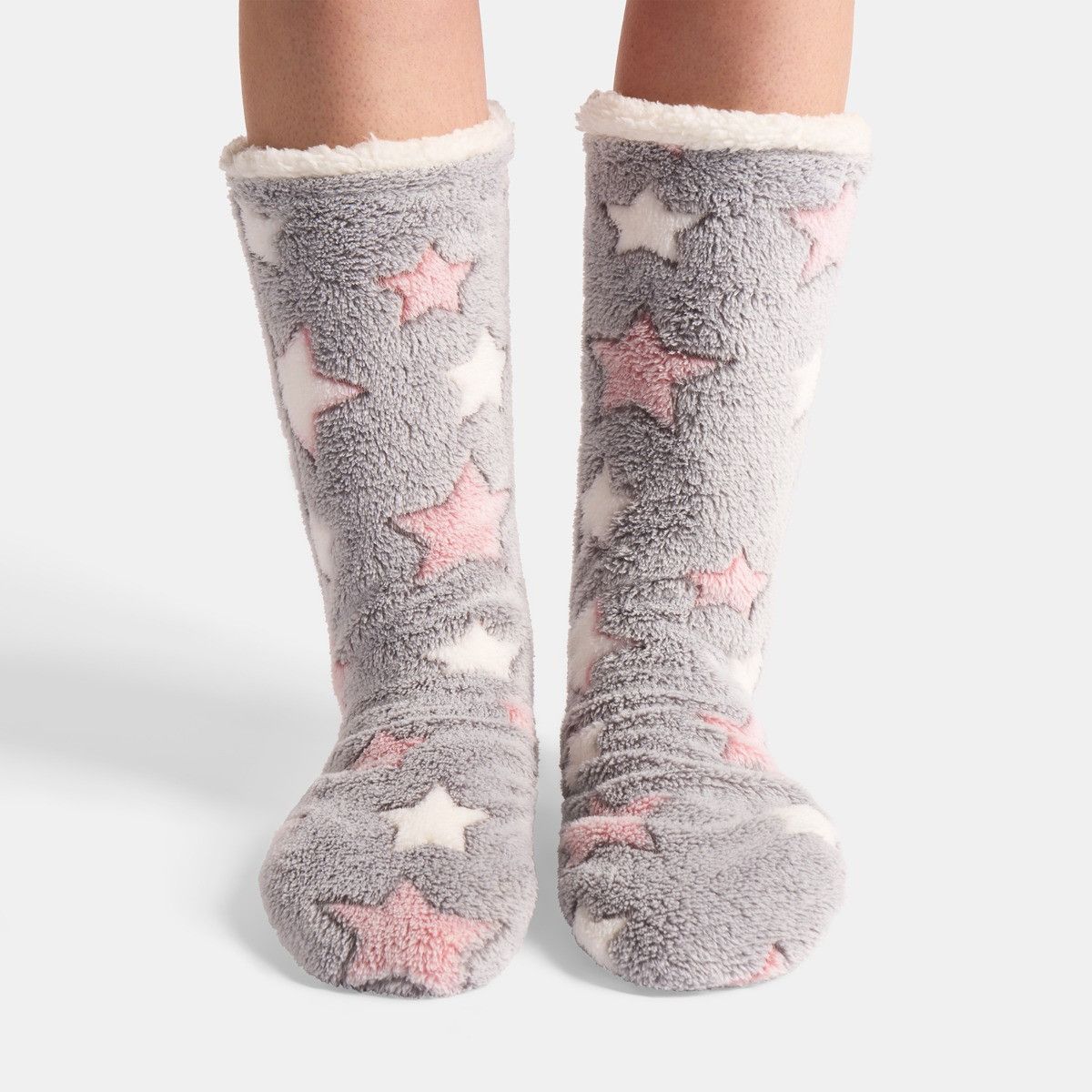 Star Print Fleece Sherpa Reverse Slipper Socks - Grey