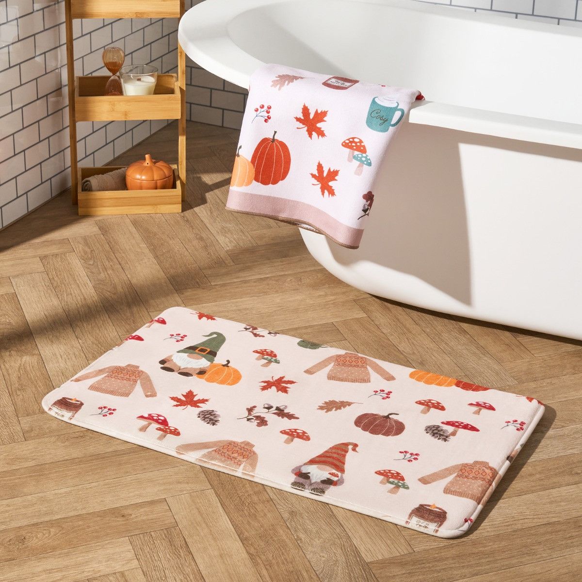 Autumnal Gonk Print Foam Bath Mat - Natural
