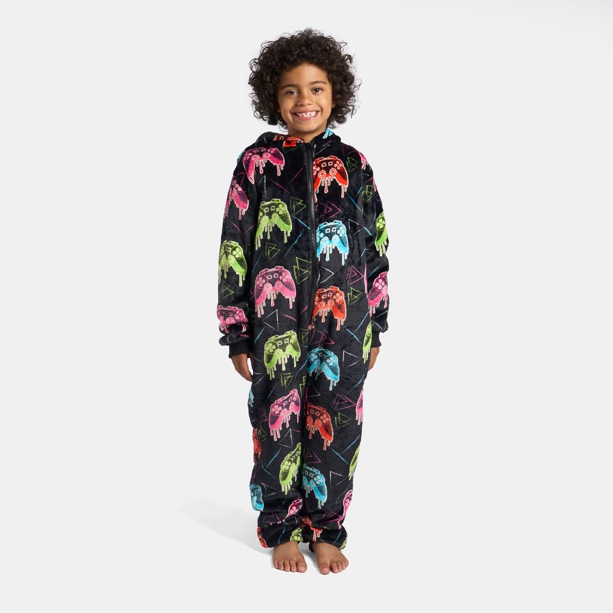Kids Neon Drip Gaming Glow In The Dark Onesie - Black