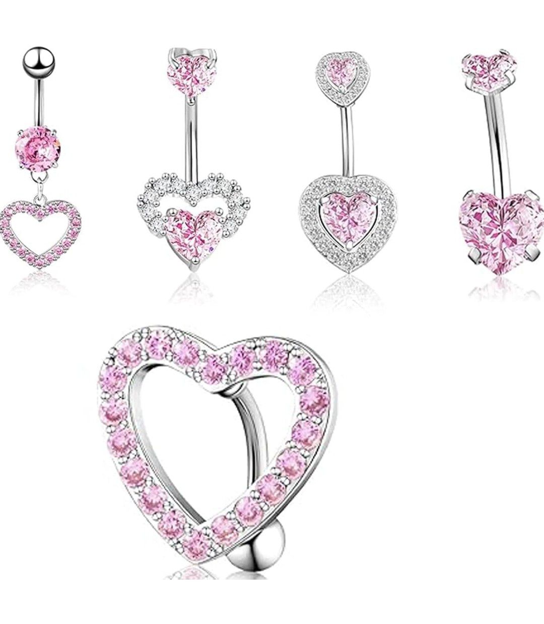 5pc Belly Button Bars, Stainless Steel with White &amp; Pink Gem, Dangly Belly Bars