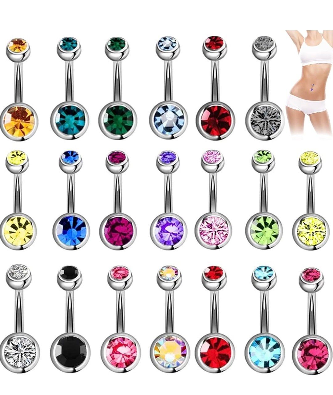 Stainless Steel Belly Rings - 20 PCS Navel Piercing Jewelry Hoops, Body Piercing Bars, Belly Button Rings