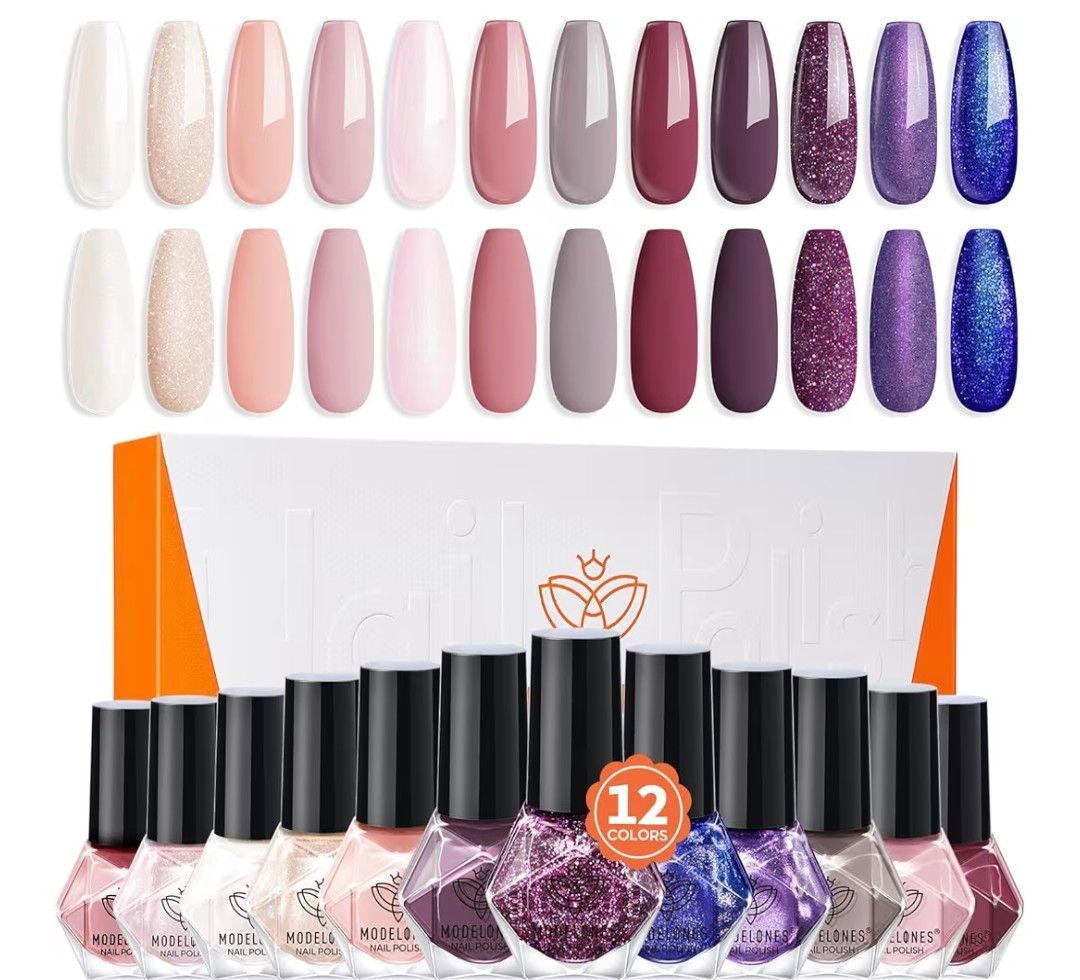 Modelones Nail Polish Set 12 Colors White Nude Nail Polish Set Pink Nail Varnish Purple Brown Nail Polish Finger Nail Polish Bulk Manicure Diy Nail Art Salon Home