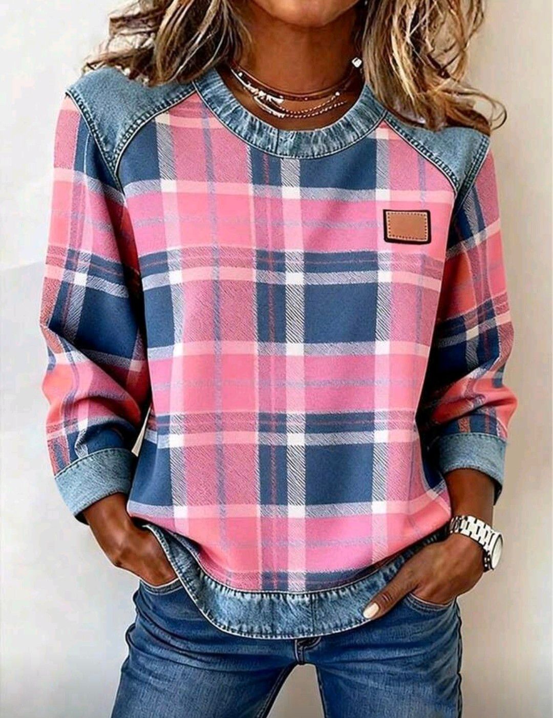 EMERY ROSE Women's Patchwork Patch Round Neck Long Sleeve Casual Loose T-Shirt