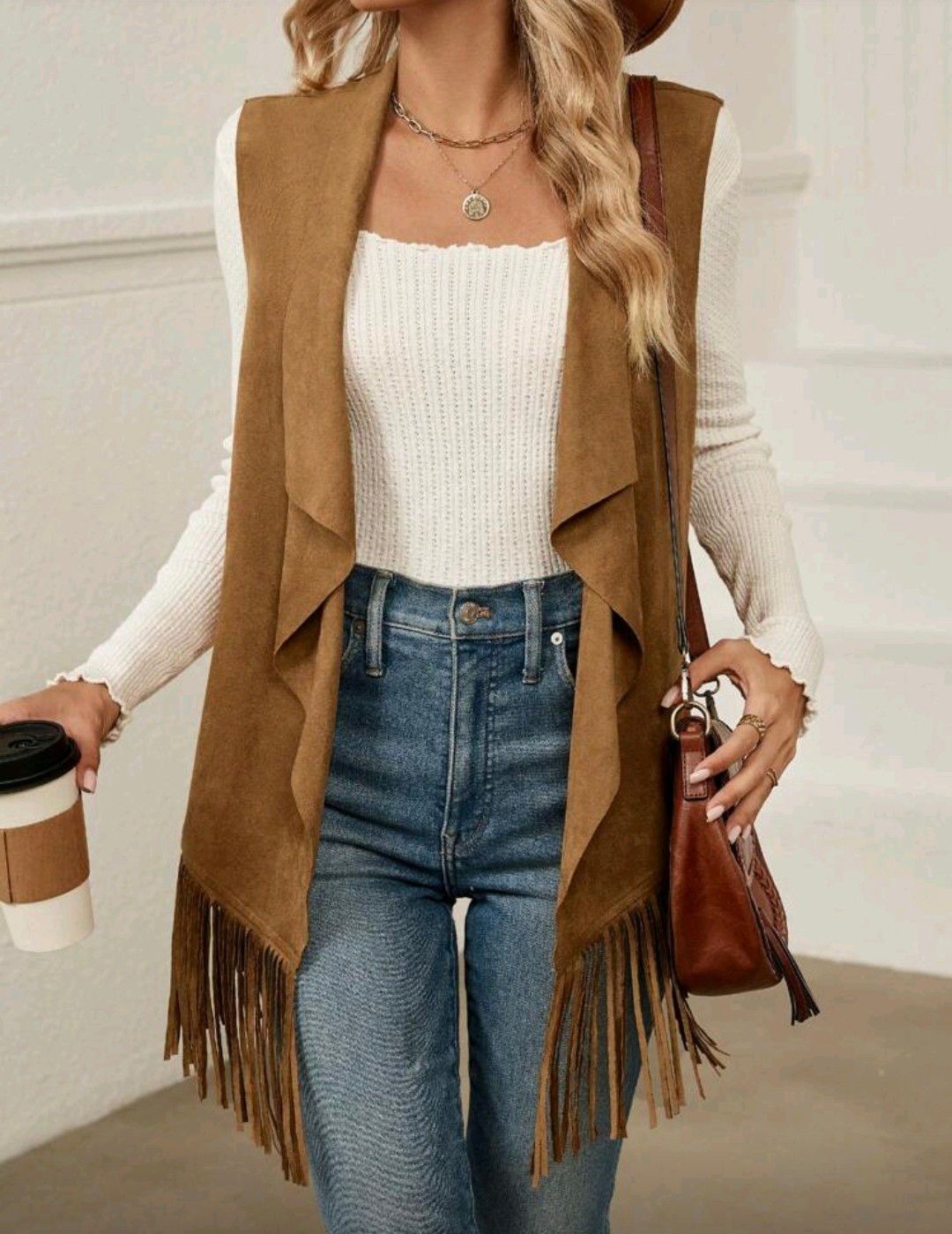 Women's Regular Faux Suede Sleeveless Jacket With Folded Wavy Collar And Hem Fringe Trim,Western Wear Women In Fall/Winter