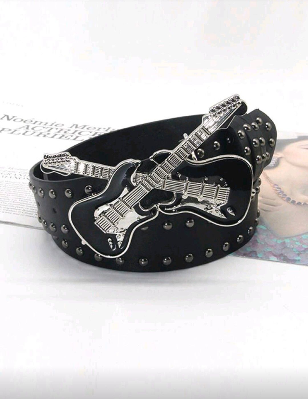 1pc Women's Punk Guitar Metal Decor Geometric Pattern Street Style PU Leather Rivet Belt, Accessory, Party