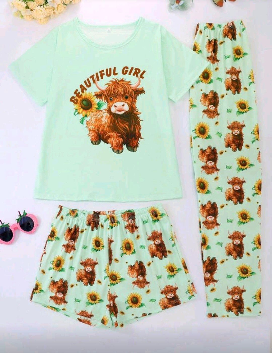 3pcs Women's Sleepwear Set, Short Sleeve Top, Shorts &amp; Long Pants, Crew Neck, Breathable &amp; Comfortable, Loose Fit, Bold Graphic Print, Suitable For All Seasons